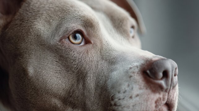 Close-up of a pit bull dog's face showing focused expression and detailed fur texture. Pitbull Awareness Month