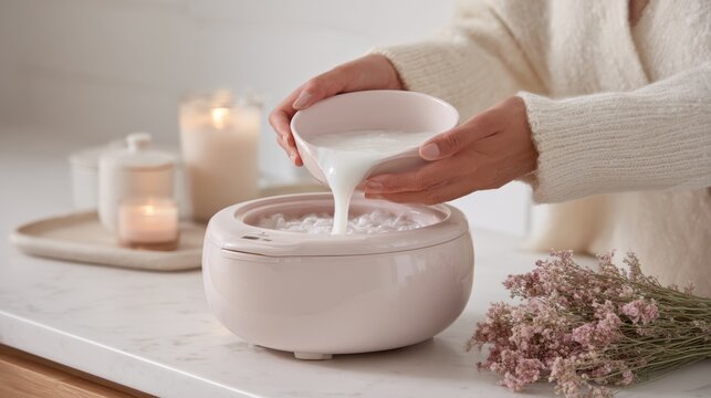 Caucasian female preparing soothing wax treatment in spa setting with candles and flowers