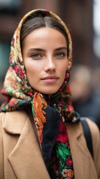 Young woman wearing floral head scarf in urban street