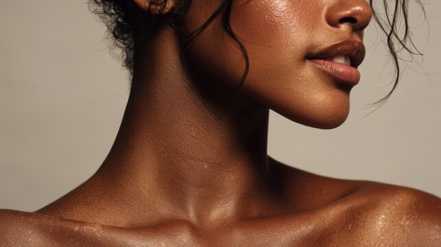 Profile of woman with dewy skin and wet hair in studio