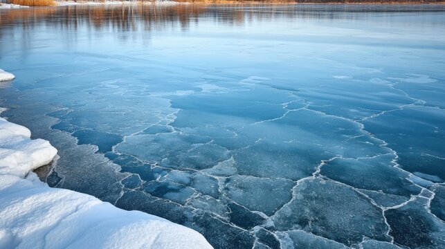 Calm frozen river with clear blue ice and snowy bank
