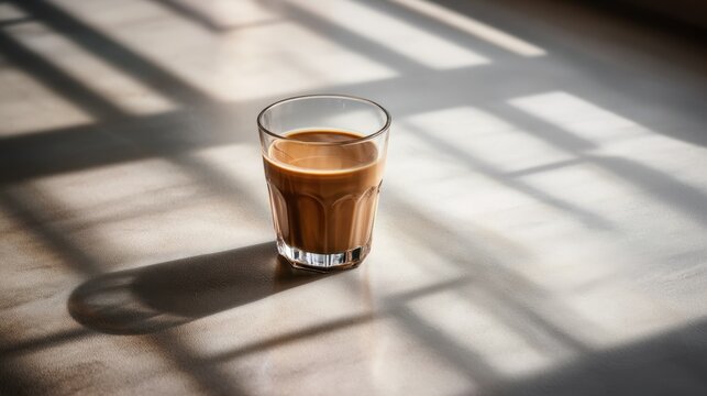 Glass of coffee casting shadow on sunlit table near window
