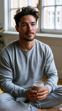 Young man holding coffee while seated by window indoors