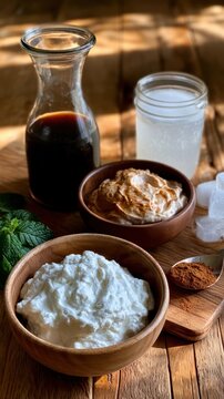 Dairy bowls topped with cream and syrup on wooden table