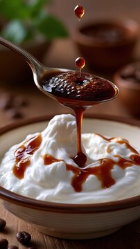 Spoon drizzling caramel sauce over whipped cream in bowl on wooden tabletop