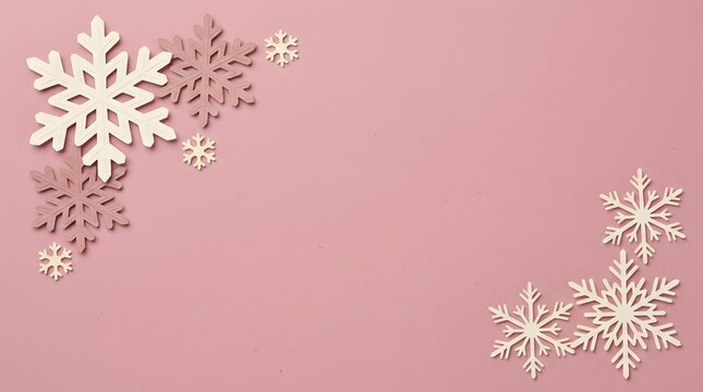 A delicate and enchanting christmas background featuring intricate white snowflakes against a soft muted rosy pink winter wonderland aesthetic