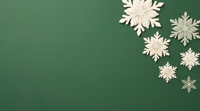 A serene and elegant christmas background featuring delicate white snowflakes against a deep rich emerald green evoking winter's peaceful beauty