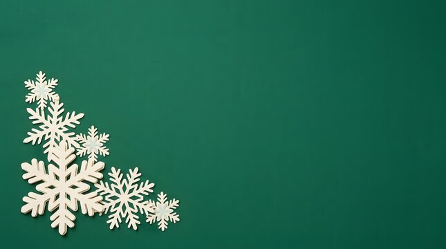 A serene and festive christmas backdrop featuring a delicate cluster of sparkling snowflakes against a deep rich emerald green background evoking winter