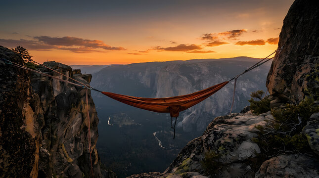 A solitary fabric hammock suspended between two steep mountain cliffs overlooking a vast deep canyon during sunny day 