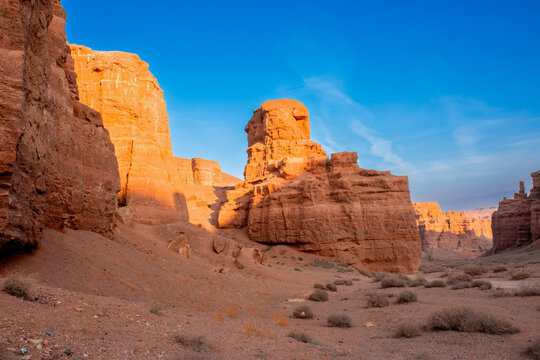 Charyn Canyon, Valley of Castles. The excellence of Kazakhstan. Panorama of natural unusual landscape. The red canyon of extraordinary beauty looks like a Martian landscape.