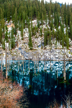 The flooded forest of Lake Kaindy in winter. A beautiful winter mountain landscape in Kazakhstan. A blue lake with tree trunks protruding from it against a backdrop of snow-capped mountains.
