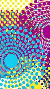 Abstract CMY halftone pattern with vibrant cyan magenta and yellow dots moving over a white background in a pop art style