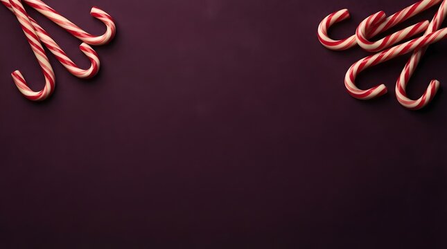 A festive and delightful arrangement of classic candy canes against a rich deep burgundy backdrop perfect for holiday celebrations and designs