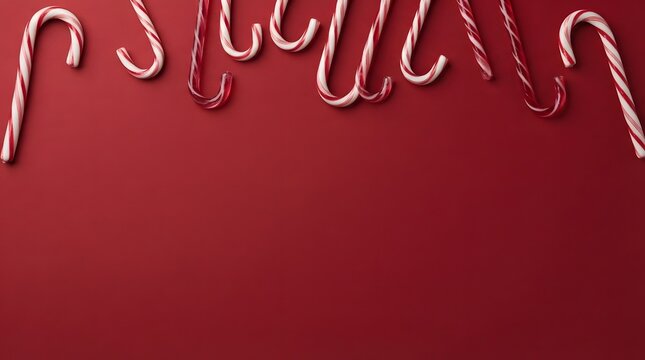 A festive and delightful arrangement of classic candy canes scattered across a vibrant deep red background perfect for holiday themes