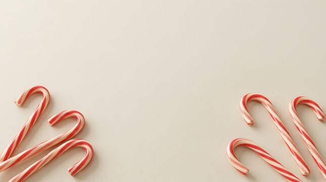 A delightful and festive arrangement of classic candy canes against a soft neutral background perfect for holiday themes and seasonal celebrations