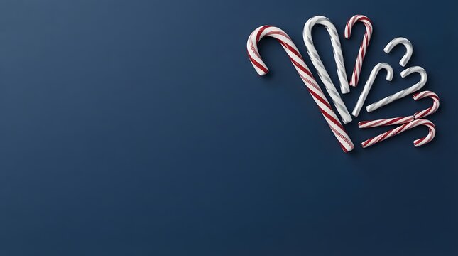 A delightful arrangement of classic candy canes against a deep rich navy blue background evoking festive holiday cheer and sweet winter memories