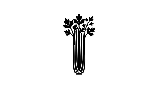 a black silhouette icon of a single stalk of fresh celery isolated on white
