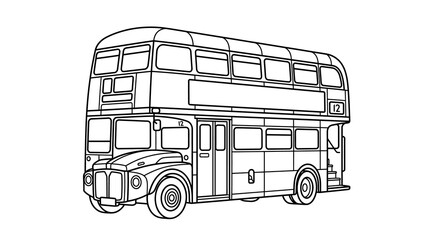 A black and white line art illustration of a classic British double decker bus © Muhammad