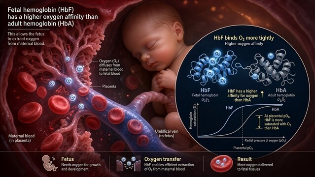 3d medical illustration of fetal erythrocytes with zoomed inset comparing fetal hemoglobin hbf high oxygen affinity against adult hba for maternal fetal placental gas exchange
