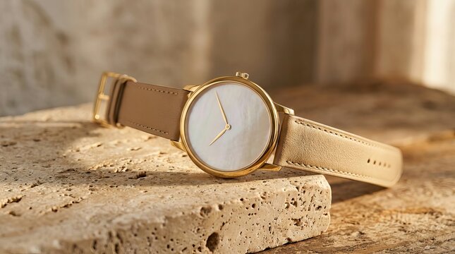 Elegant gold wristwatch with a beige leather strap resting on textured stone under warm sunlight