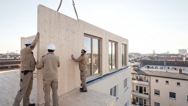 Carpenters building a timber rooftop extension on an apartment building