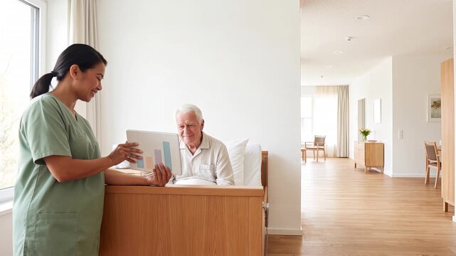 Nurse documenting care digitally on a tablet at the bedside