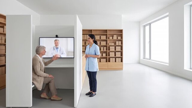 Senior woman using a telemedicine booth in a pharmacy