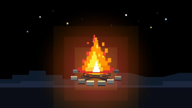 Pixel art animation of a burning campfire under a starry night sky