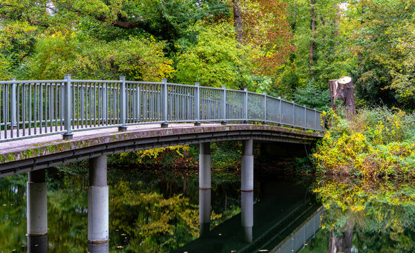 Idyllische Fu&szlig;g&auml;ngerbr&uuml;cke im herbstlichen Volkspark Jungfernheide mit Spiegelung auf dem Wasser, Berlin, Deutschland