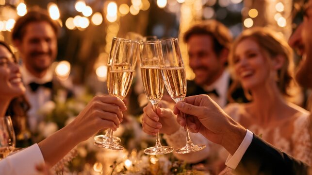 Wedding guests clinking champagne flutes during an elegant evening reception with warm golden string lights