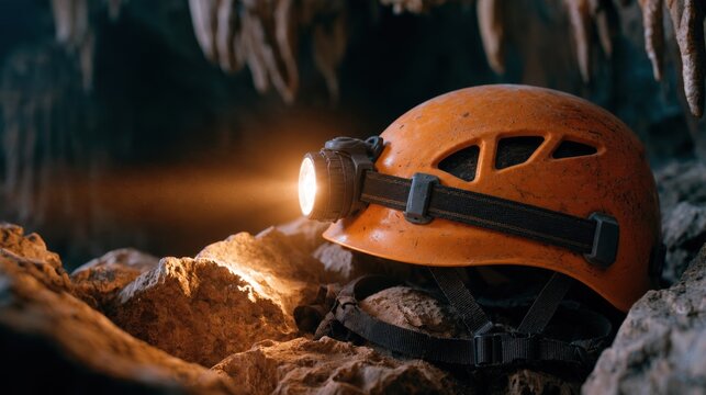 Caving helmet with a glowing headlamp resting on rocks inside a dark limestone cave beneath stalactites
