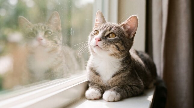 A sweet tabby cat resting peacefully on a bright windowsill, looking upward with curious wonder as its reflection gently glows in the glass.
