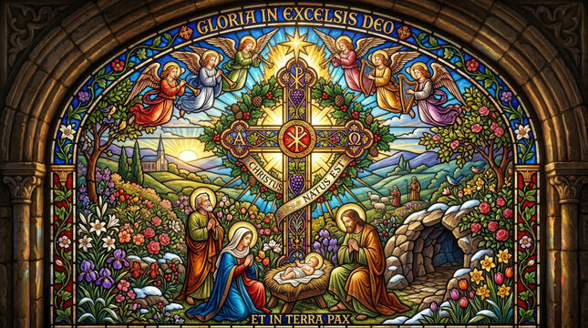 Arched stained glass style nativity scene with angels, a floral landscape and a Gloria in Excelsis Deo banner, a warm and colorful design for Christmas cards, church bulletins and Advent materials.
