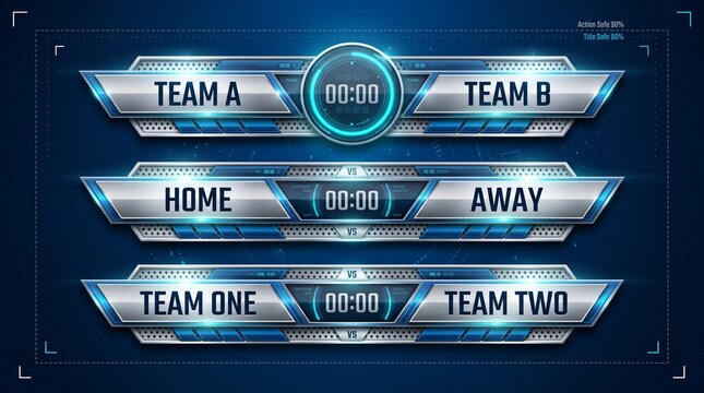 A sleek, futuristic blue and metallic sports broadcast lower thirds package featuring digital timers and team name placeholders on a high-tech interface background.