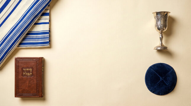 Top view of Jewish religious symbols including tallit prayer shawl, Hebrew siddur book, silver kiddush cup, and blue kippah on beige background with copy space