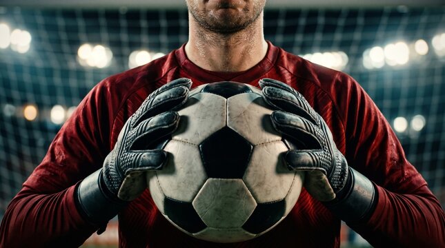 Close-up of a focused soccer goalkeeper in a red jersey and gloved hands tightly holding a classic black and white football in front of the goal net under bright stadium lights.