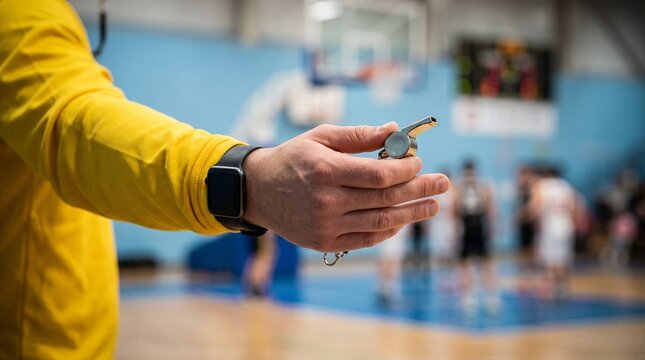 A dedicated sports coach holding out a classic silver whistle in a gymnasium, ready to guide and support the team through practice.