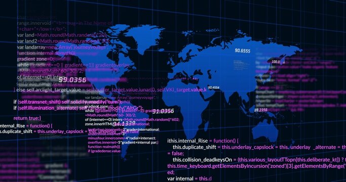 Displaying stylized world map overlaying code on dark dashboard with numeric labels, glowing points
