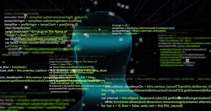 Rotating centered 3D dotted humanoid head glowing in dark digital workspace, with code overlays