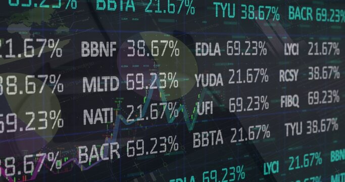Displaying ticker with codes and percentages on trading monitor, featuring grid, world map