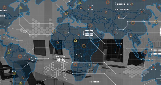 Displaying digital world map overlay across office desks, with monitors keyboards mice HUD