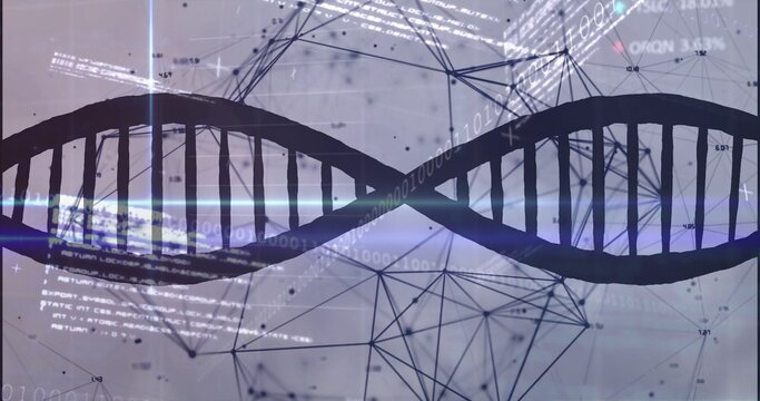 Displaying dark double-helix DNA running across frame in virtual lab, with binary code and mesh