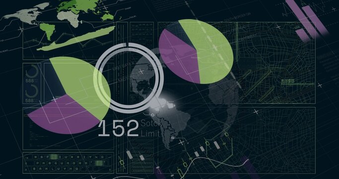 Displaying HUD analytics cluster at dark navy interface, showing concentric ring, dotted globe, 152