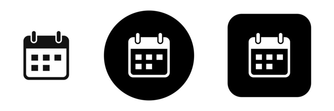 Calendar date picker icon set with planner and schedule symbols in solid button style. Event planning and date selection controls for booking, forms, app, and website interfaces
