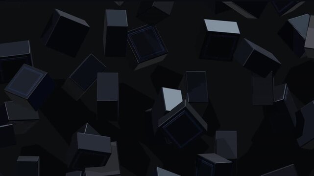 Abstract background with floating black cubes and geometric shapes in dark 3D space for futuristic digital design concepts and cinematic textures