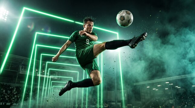 An energetic soccer player in a green uniform executes a dynamic airborne kick, striking a ball amidst dramatic green neon lights and smoke in a packed stadium.   