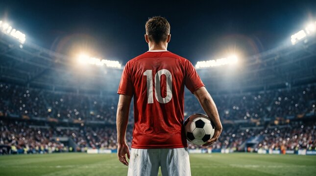 A focused soccer player wearing jersey number 10 stands on the pitch, holding a football while looking out at a packed stadium under bright floodlights.