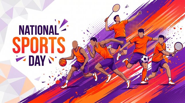 Dynamic National Sports Day banner featuring energetic athletes engaged in various sports like basketball, running, badminton, soccer, and tennis against a vibrant, colorful abstract background.