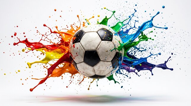 A dynamic soccer ball surrounded by an explosive splash of vibrant rainbow paint on a clean white background, symbolizing energy, art, and passion in sport. 