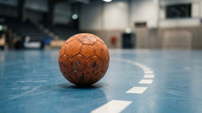 An orange handball rests on a blue indoor sports court, showcasing textured resin marks with a blurred stadium background.